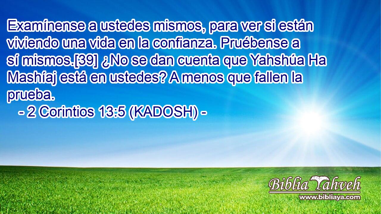  Examínense a ustedes mismos, para ver si están viviendo una vida en la confianza. Pruébense a sí mismos.[39] ¿No se dan cuenta que Yahshúa Ha Mashíaj está en ustedes? A menos que fallen la prueba. 
