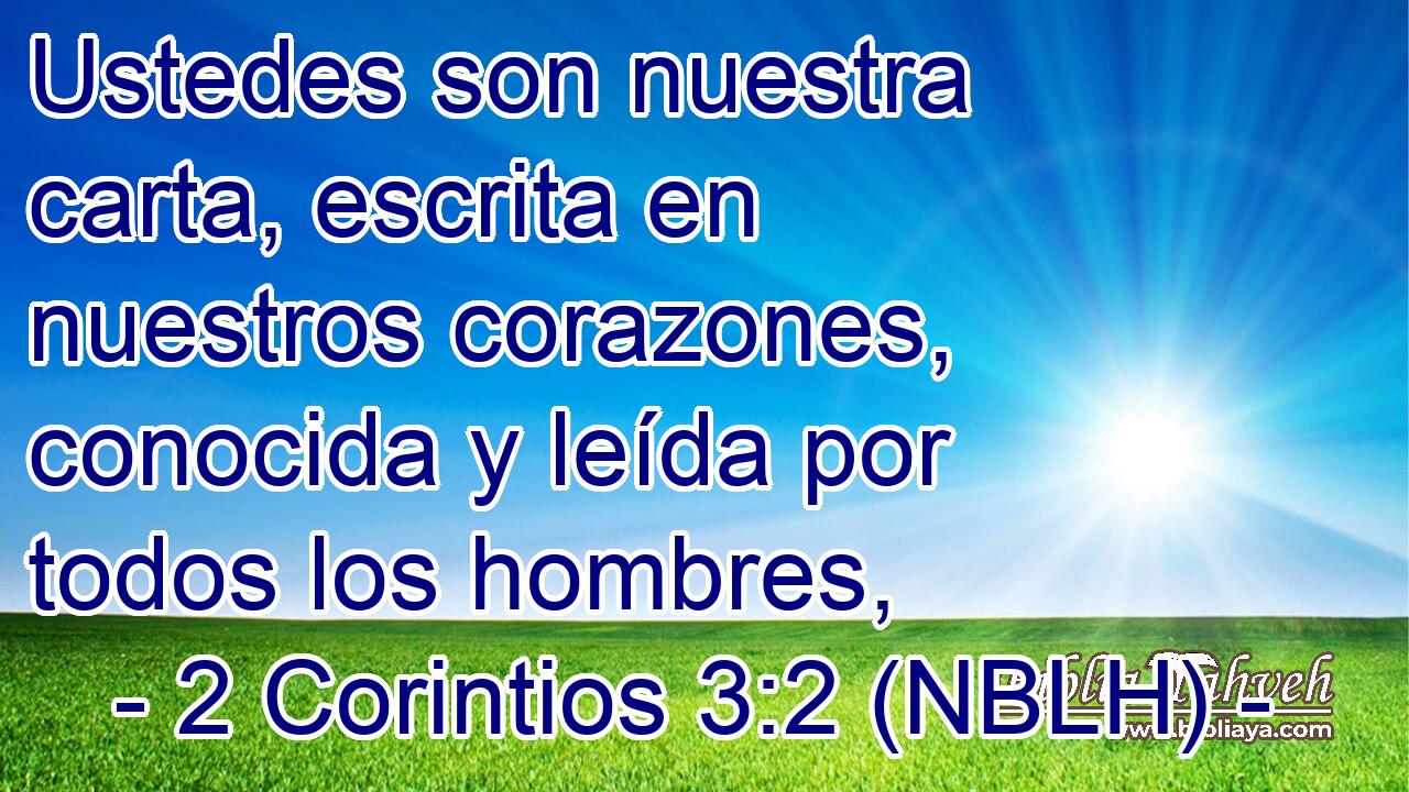  Ustedes son nuestra carta, escrita en nuestros corazones, conocida y leída por todos los hombres, 