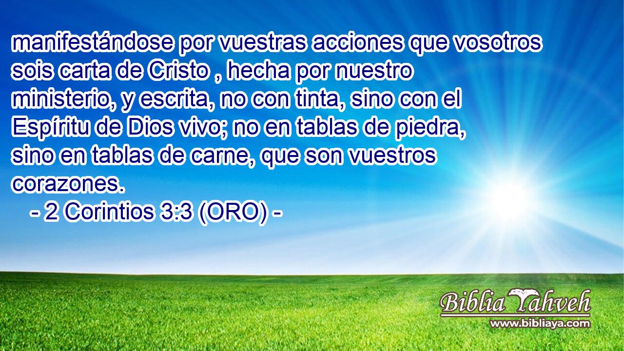  manifestándose por vuestras acciones que vosotros sois carta de Cristo , hecha por nuestro ministerio, y escrita, no con tinta, sino con el Espíritu de Dios vivo; no en tablas de piedra, sino en tablas de carne, que son vuestros corazones. 