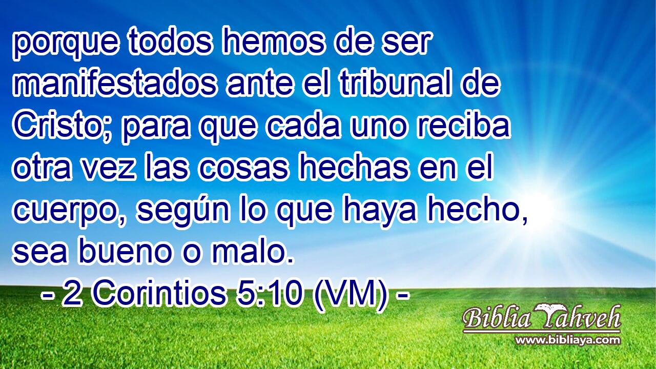  porque todos hemos de ser manifestados ante el tribunal de Cristo; para que cada uno reciba otra vez las cosas hechas en el cuerpo, según lo que haya hecho, sea bueno o malo. 