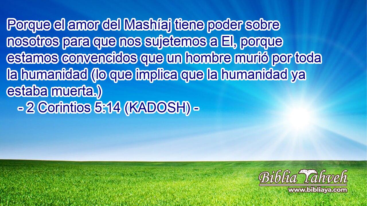  Porque el amor del Mashíaj tiene poder sobre nosotros para que nos sujetemos a El, porque estamos convencidos que un hombre murió por toda la humanidad (lo que implica que la humanidad ya estaba muerta.) 
