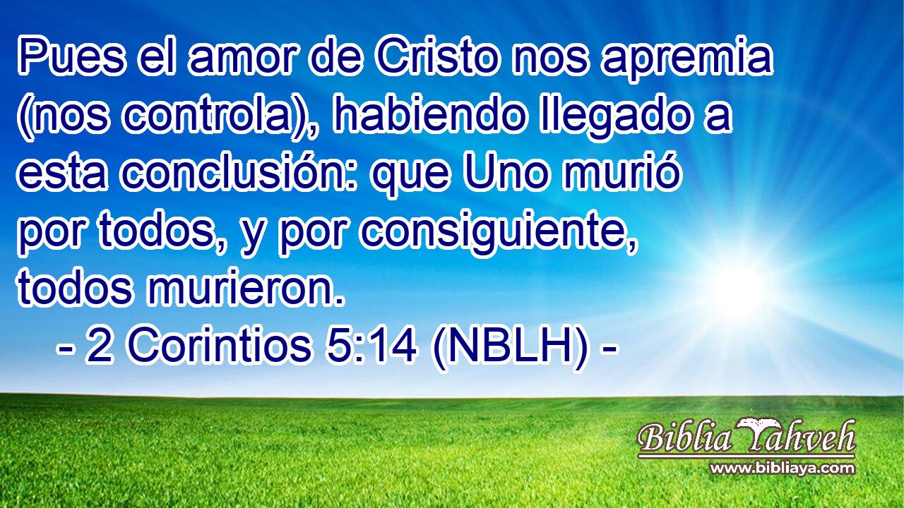  Pues el amor de Cristo nos apremia (nos controla), habiendo llegado a esta conclusión: que Uno murió por todos, y por consiguiente, todos murieron. 