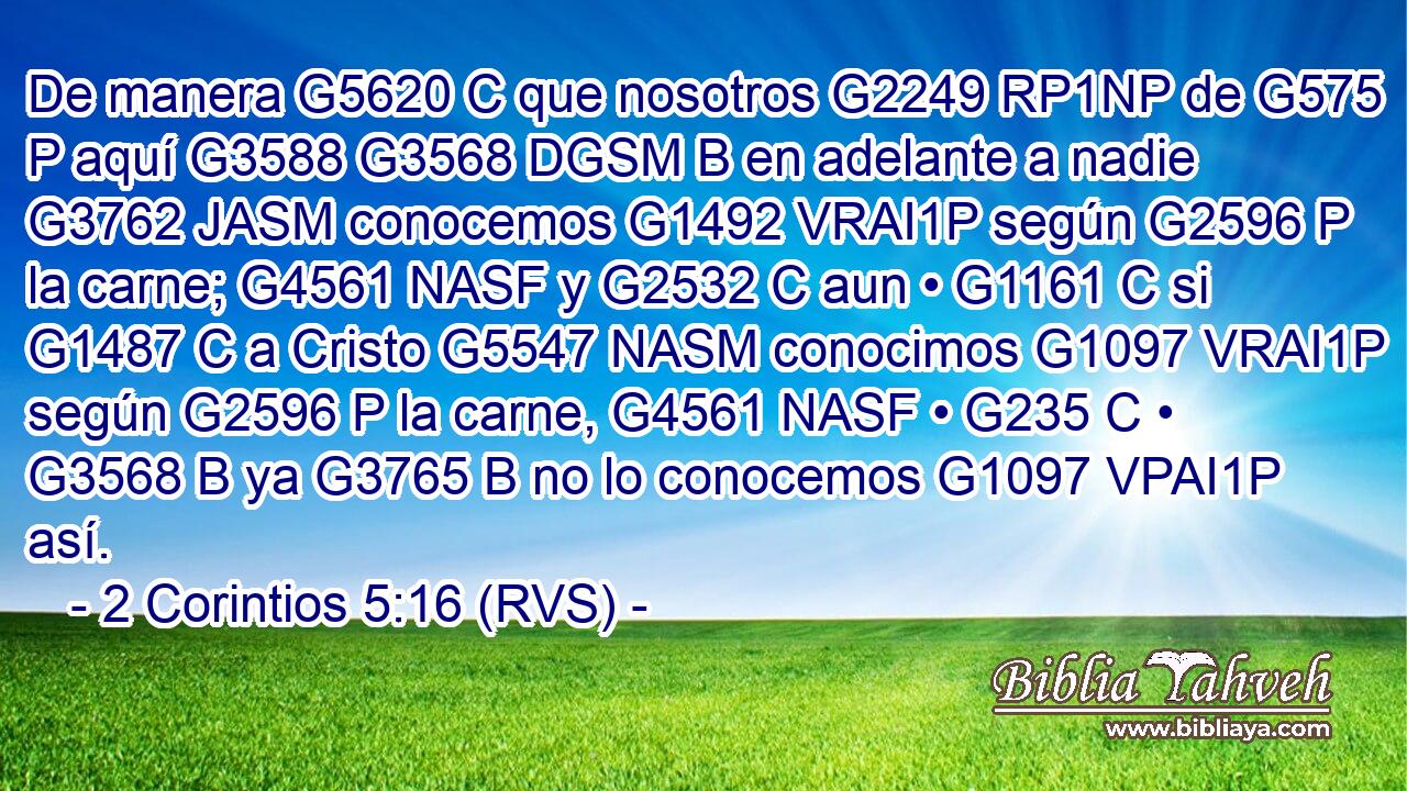 De manera G5620 C que nosotros G2249 RP1NP de G575 P aquí G3588 G3568 DGSM B en adelante a nadie G3762 JASM conocemos G1492 VRAI1P según G2596 P la carne; G4561 NASF y G2532 C aun • G1161 C si G1487 C a Cristo G5547 NASM conocimos G1097 VRAI1P según G2596 P la carne, G4561 NASF • G235 C • G3568 B ya G3765 B no lo conocemos G1097 VPAI1P así. 