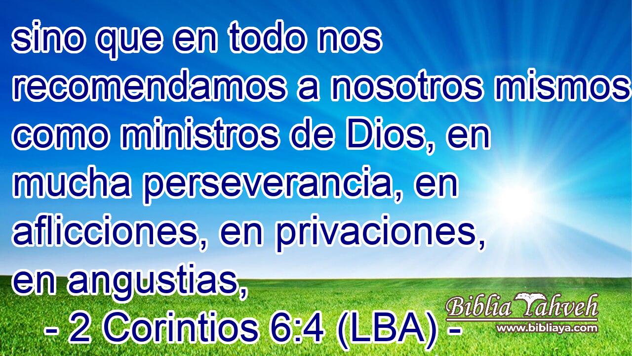 sino que en todo nos recomendamos a nosotros mismos como ministros de Dios, en mucha perseverancia, en aflicciones, en privaciones, en angustias,