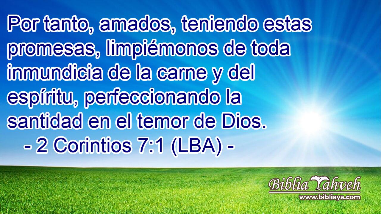 Por tanto, amados, teniendo estas promesas, limpiémonos de toda inmundicia de la carne y del espíritu, perfeccionando la santidad en el temor de Dios.