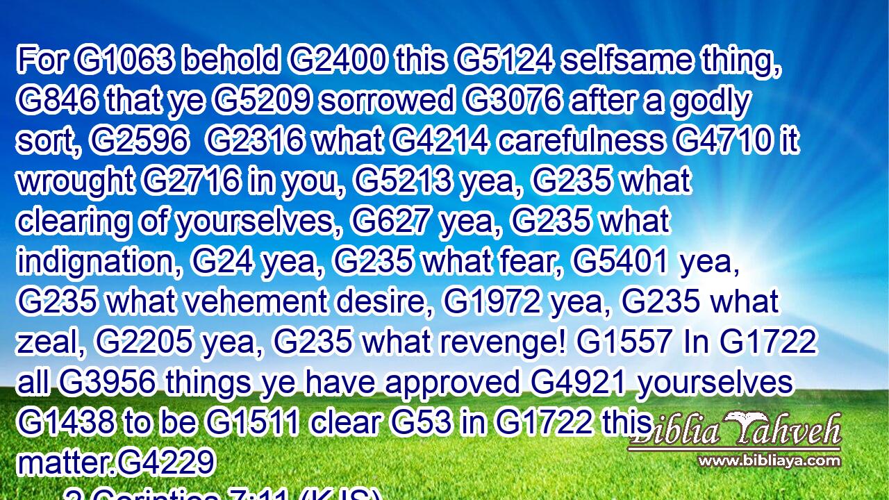 For G1063 behold G2400 this G5124 selfsame thing, G846 that ye G5209 sorrowed G3076 after a godly sort, G2596  G2316 what G4214 carefulness G4710 it wrought G2716 in you, G5213 yea, G235 what clearing of yourselves, G627 yea, G235 what indignation, G24 yea, G235 what fear, G5401 yea, G235 what vehement desire, G1972 yea, G235 what zeal, G2205 yea, G235 what revenge! G1557 In G1722 all G3956 things ye have approved G4921 yourselves G1438 to be G1511 clear G53 in G1722 this matter.G4229