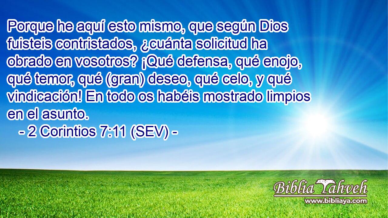 Porque he aquí esto mismo, que según Dios fuisteis contristados, ¿cuánta solicitud ha obrado en vosotros? ¡Qué defensa, qué enojo, qué temor, qué (gran) deseo, qué celo, y qué vindicación! En todo os habéis mostrado limpios en el asunto.