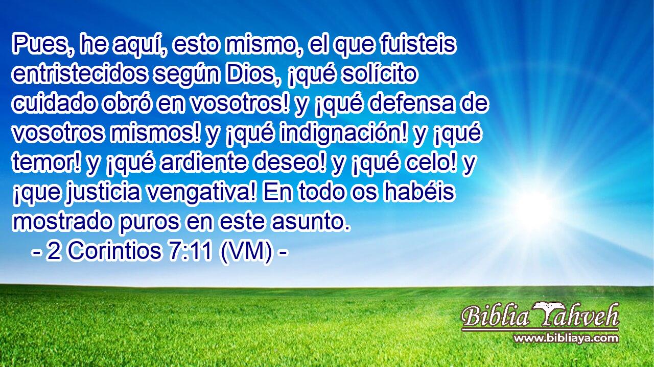  Pues, he aquí, esto mismo, el que fuisteis entristecidos según Dios, ¡qué solícito cuidado obró en vosotros! y ¡qué defensa de vosotros mismos! y ¡qué indignación! y ¡qué temor! y ¡qué ardiente deseo! y ¡qué celo! y ¡que justicia vengativa! En todo os habéis mostrado puros en este asunto. 