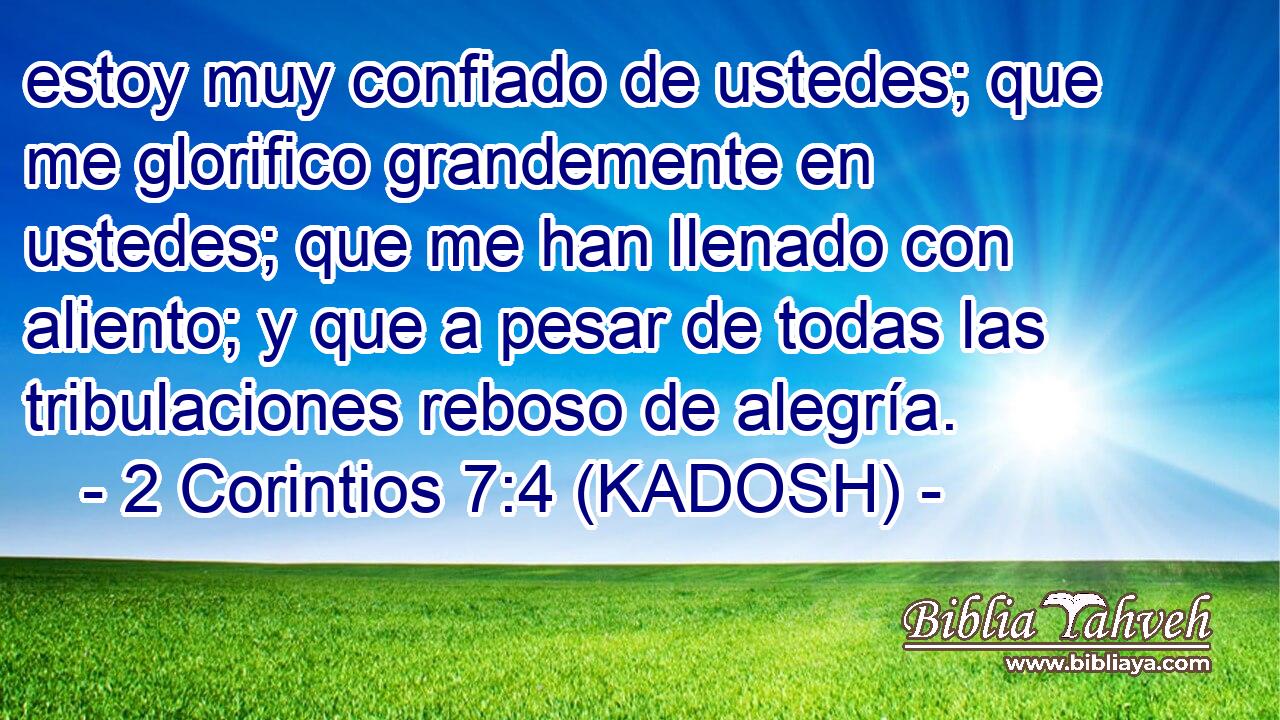  estoy muy confiado de ustedes; que me glorifico grandemente en ustedes; que me han llenado con aliento; y que a pesar de todas las tribulaciones reboso de alegría. 