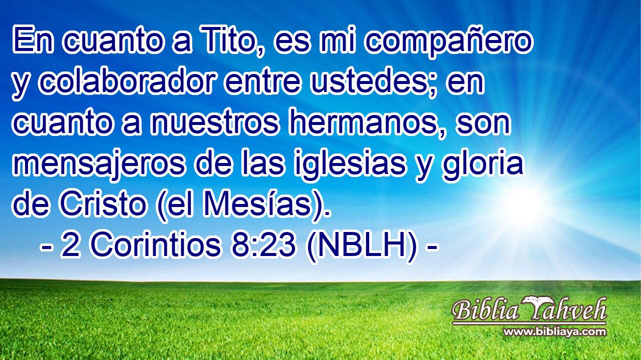  En cuanto a Tito, es mi compañero y colaborador entre ustedes; en cuanto a nuestros hermanos, son mensajeros de las iglesias y gloria de Cristo (el Mesías). 