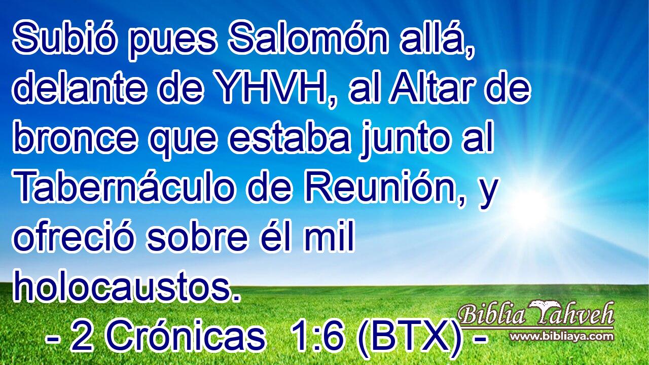 Subió pues Salomón allá, delante de YHVH, al Altar de bronce que estaba junto al Tabernáculo de Reunión, y ofreció sobre él mil holocaustos.
