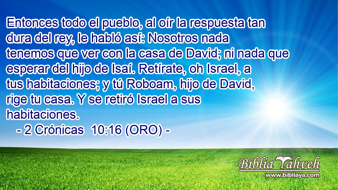  Entonces todo el pueblo, al oír la respuesta tan dura del rey, le habló así: Nosotros nada tenemos que ver con la casa de David; ni nada que esperar del hijo de Isaí. Retírate, oh Israel, a tus habitaciones; y tú Roboam, hijo de David, rige tu casa. Y se retiró Israel a sus habitaciones. 