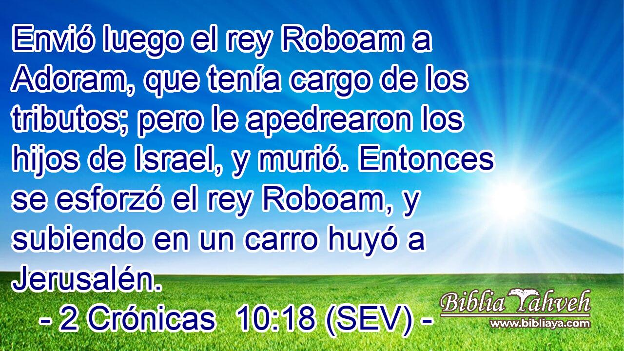 Envió luego el rey Roboam a Adoram, que tenía cargo de los tributos; pero le apedrearon los hijos de Israel, y murió. Entonces se esforzó el rey Roboam, y subiendo en un carro huyó a Jerusalén.