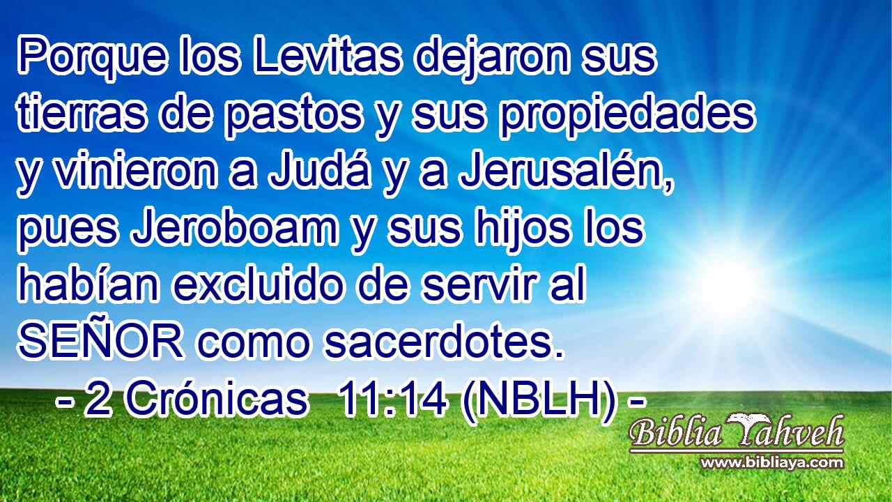  Porque los Levitas dejaron sus tierras de pastos y sus propiedades y vinieron a Judá y a Jerusalén, pues Jeroboam y sus hijos los habían excluido de servir al SEÑOR como sacerdotes. 