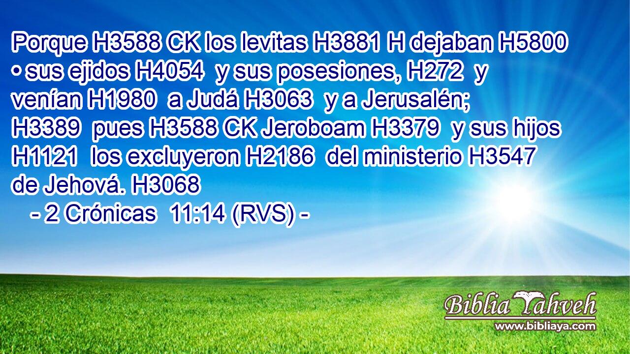 Porque H3588 CK los levitas H3881 H dejaban H5800  • sus ejidos H4054  y sus posesiones, H272  y venían H1980  a Judá H3063  y a Jerusalén; H3389  pues H3588 CK Jeroboam H3379  y sus hijos H1121  los excluyeron H2186  del ministerio H3547  de Jehová. H3068  