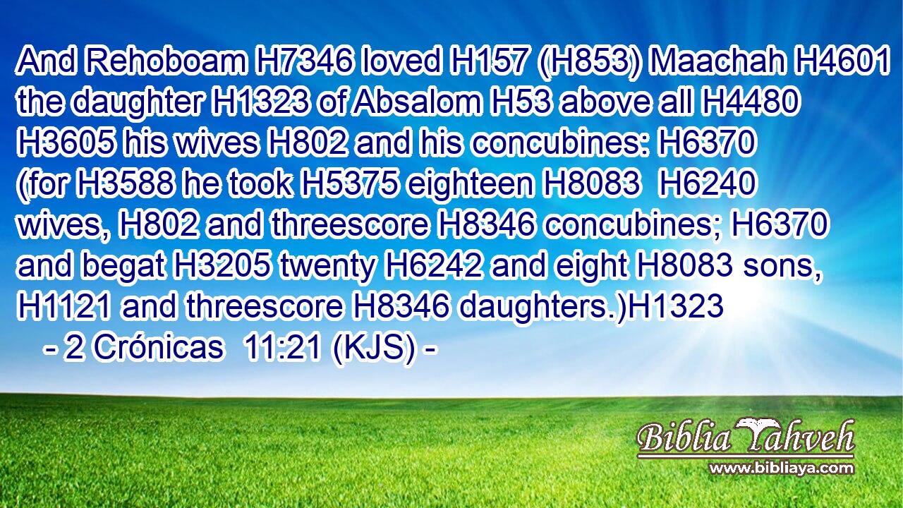 And Rehoboam H7346 loved H157 (H853) Maachah H4601 the daughter H1323 of Absalom H53 above all H4480  H3605 his wives H802 and his concubines: H6370 (for H3588 he took H5375 eighteen H8083  H6240 wives, H802 and threescore H8346 concubines; H6370 and begat H3205 twenty H6242 and eight H8083 sons, H1121 and threescore H8346 daughters.)H1323
