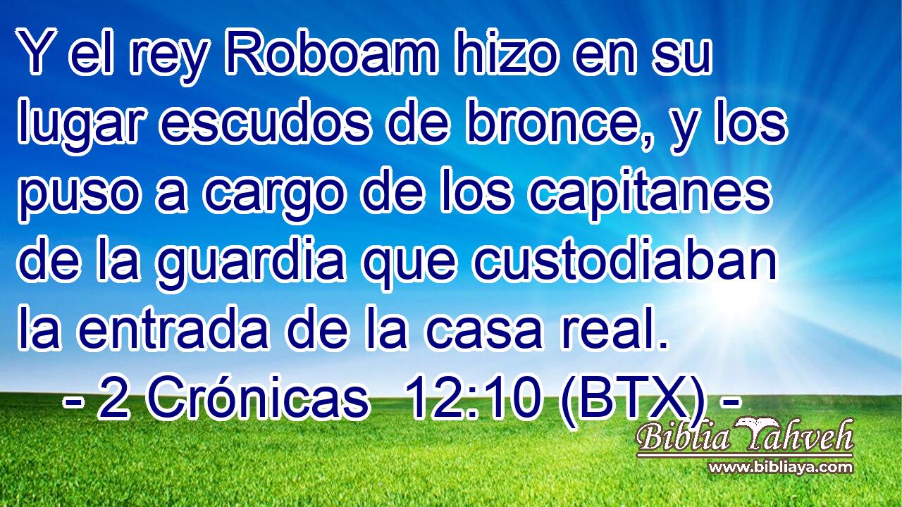 Y el rey Roboam hizo en su lugar escudos de bronce, y los puso a cargo de los capitanes de la guardia que custodiaban la entrada de la casa real.