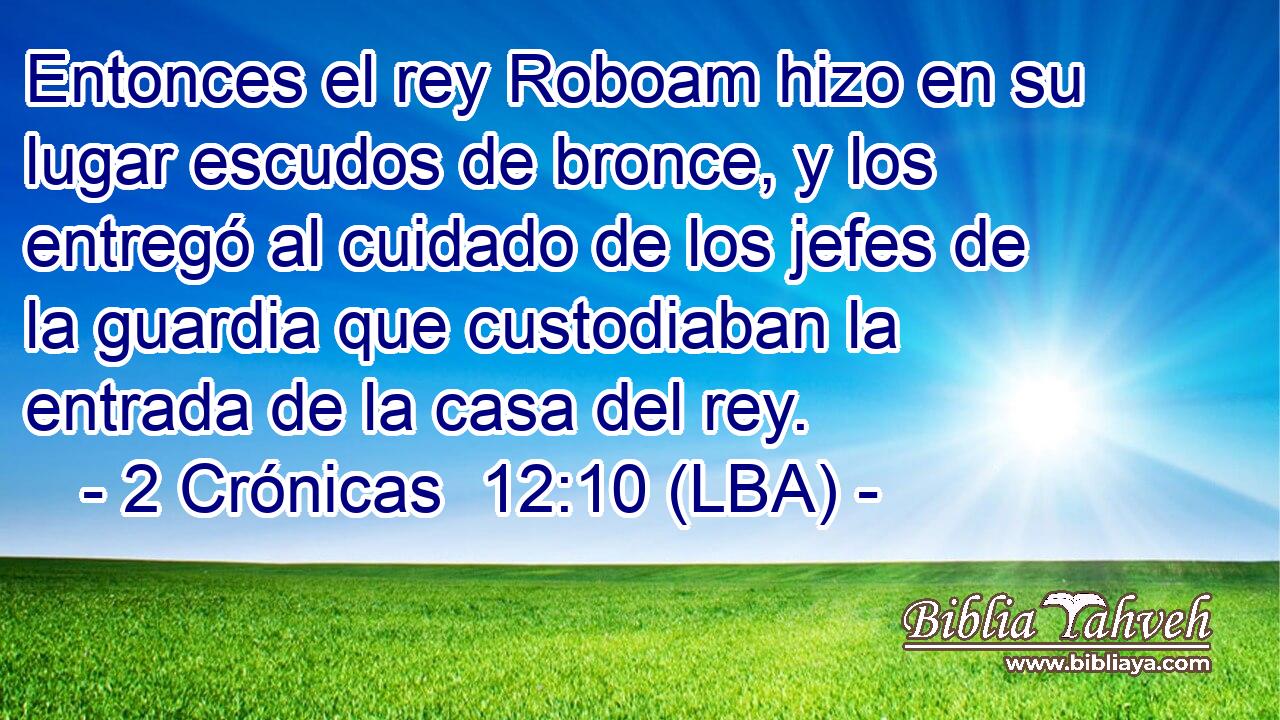 Entonces el rey Roboam hizo en su lugar escudos de bronce, y los entregó al cuidado de los jefes de la guardia que custodiaban la entrada de la casa del rey.