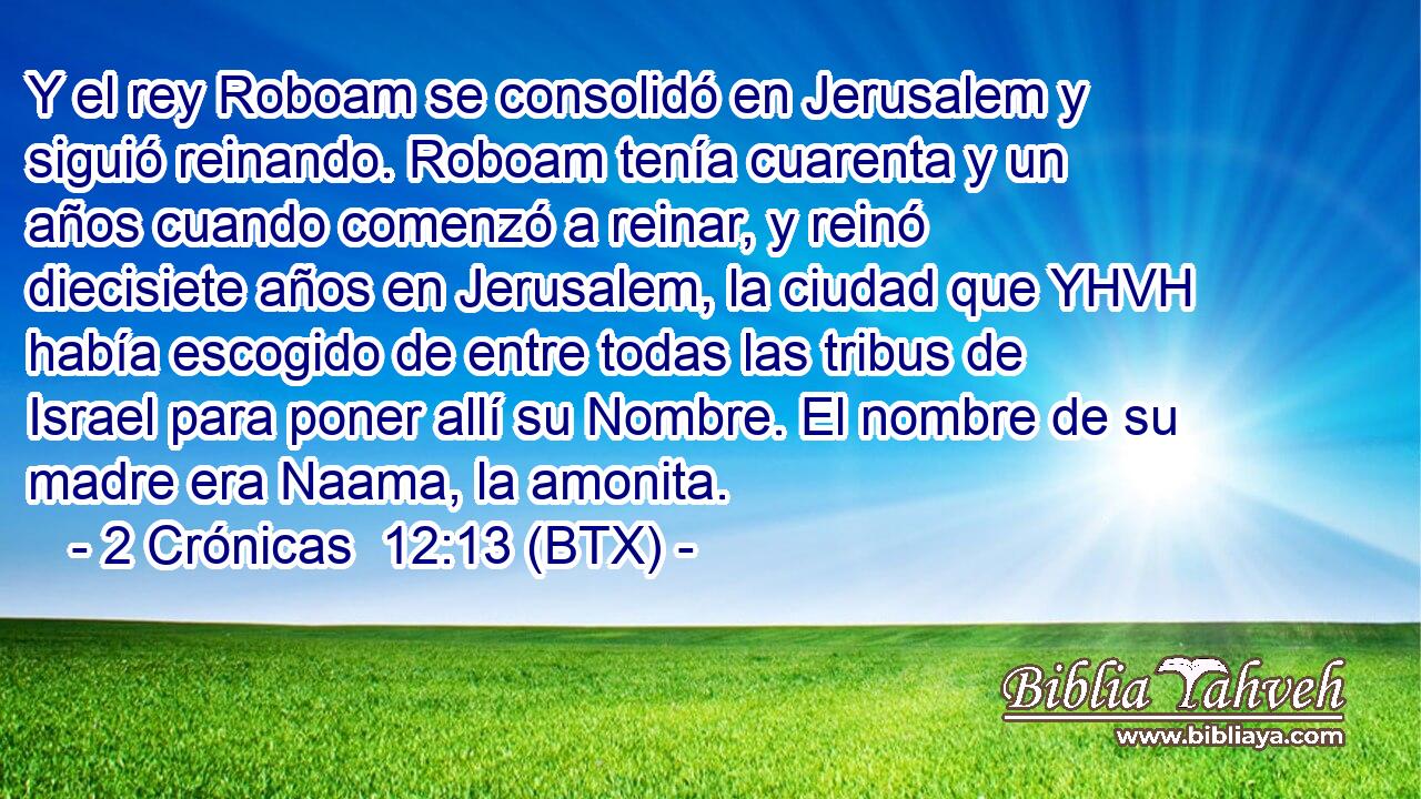 Y el rey Roboam se consolidó en Jerusalem y siguió reinando. Roboam tenía cuarenta y un años cuando comenzó a reinar, y reinó diecisiete años en Jerusalem, la ciudad que YHVH había escogido de entre todas las tribus de Israel para poner allí su Nombre. El nombre de su madre era Naama, la amonita.