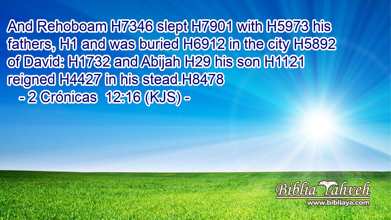 And Rehoboam H7346 slept H7901 with H5973 his fathers, H1 and was buried H6912 in the city H5892 of David: H1732 and Abijah H29 his son H1121 reigned H4427 in his stead.H8478