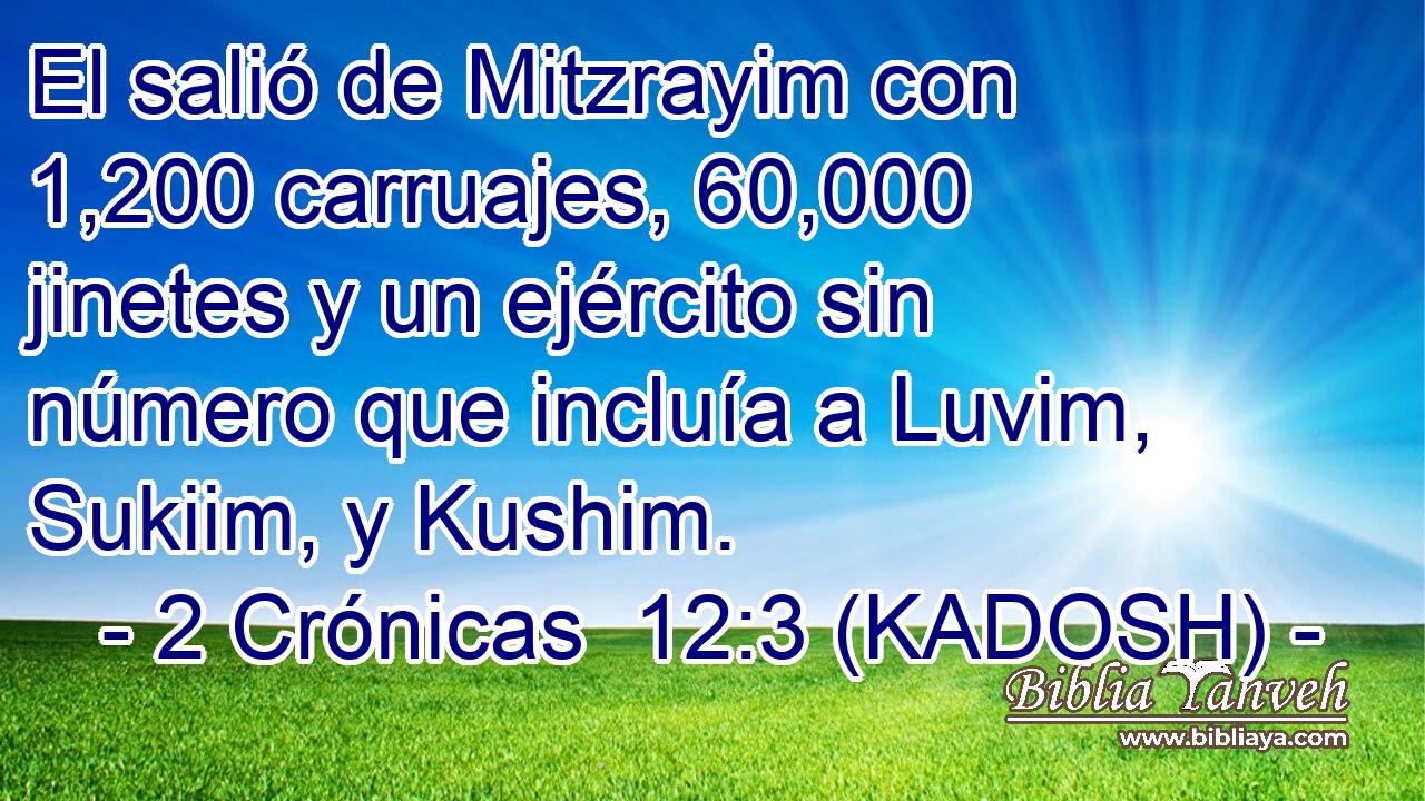  El salió de Mitzrayim con 1,200 carruajes, 60,000 jinetes y un ejército sin número que incluía a Luvim, Sukiim, y Kushim. 