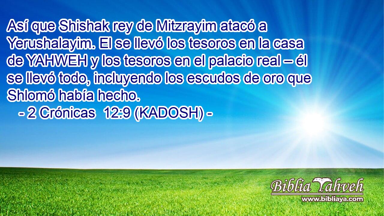  Así que Shishak rey de Mitzrayim atacó a Yerushalayim. El se llevó los tesoros en la casa de YAHWEH y los tesoros en el palacio real – él se llevó todo, incluyendo los escudos de oro que Shlomó había hecho. 
