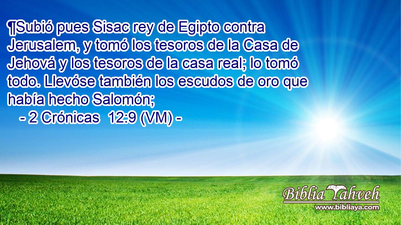 ¶Subió pues Sisac rey de Egipto contra Jerusalem, y tomó los tesoros de la Casa de Jehová y los tesoros de la casa real; lo tomó todo. Llevóse también los escudos de oro que había hecho Salomón; 