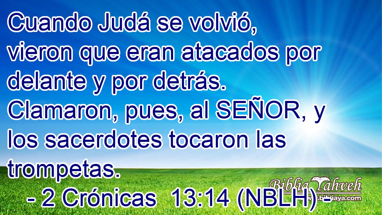  Cuando Judá se volvió, vieron que eran atacados por delante y por detrás. Clamaron, pues, al SEÑOR, y los sacerdotes tocaron las trompetas. 