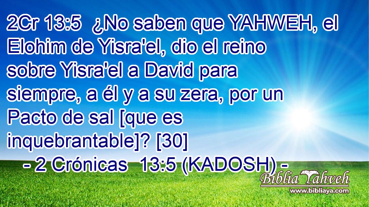 ¿No saben que YAHWEH, el Elohim de Yisra'el, dio el reino sobre Yisra'el a David para siempre, a él y a su zera, por un Pacto de sal [que es inquebrantable]? [30] 