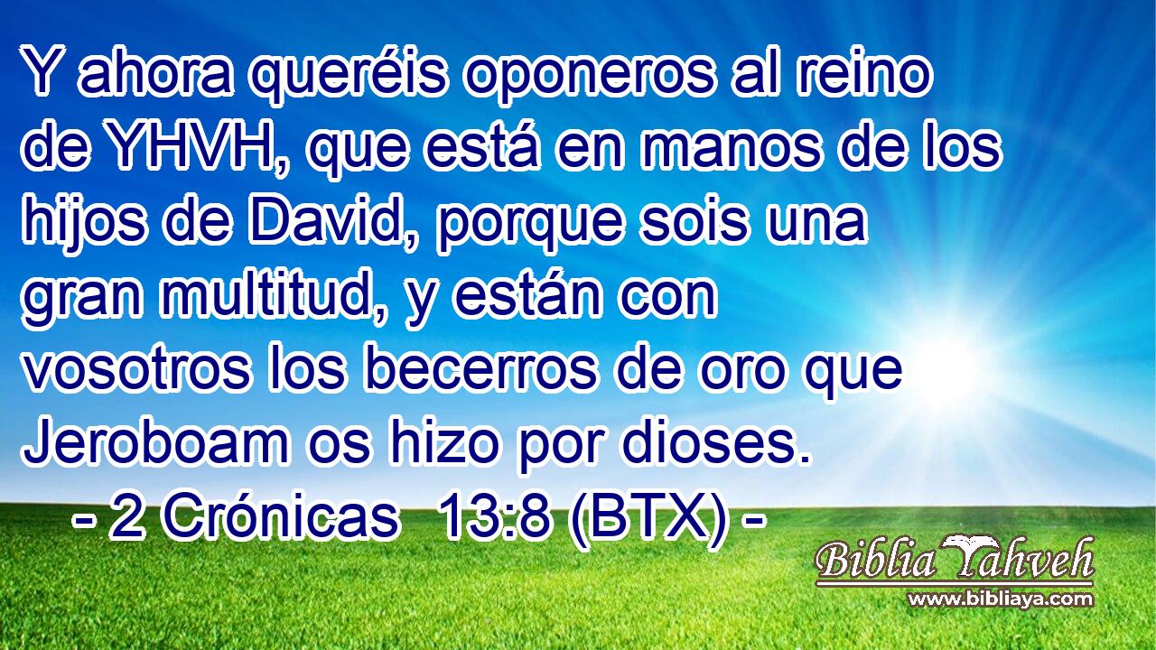 Y ahora queréis oponeros al reino de YHVH, que está en manos de los hijos de David, porque sois una gran multitud, y están con vosotros los becerros de oro que Jeroboam os hizo por dioses.