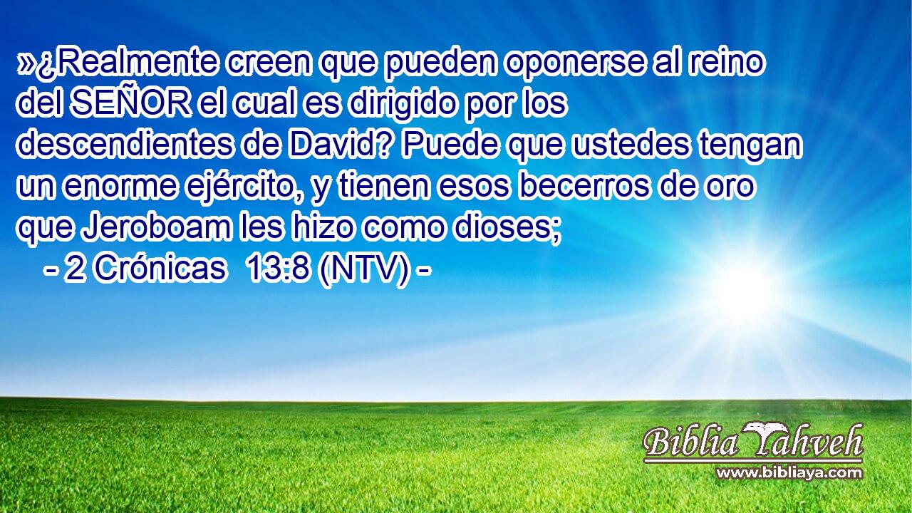 »¿Realmente creen que pueden oponerse al reino del SEÑOR el cual es dirigido por los descendientes de David? Puede que ustedes tengan un enorme ejército, y tienen esos becerros de oro que Jeroboam les hizo como dioses;
