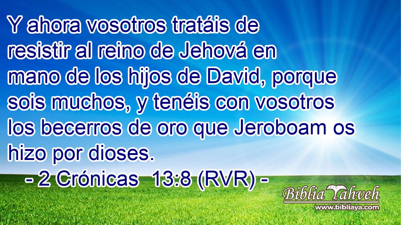 Y ahora vosotros tratáis de resistir al reino de Jehová en mano de los hijos de David, porque sois muchos, y tenéis con vosotros los becerros de oro que Jeroboam os hizo por dioses.
