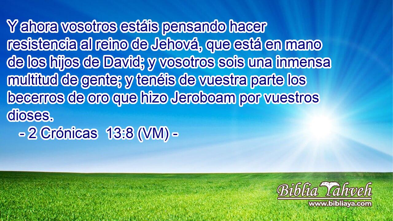  Y ahora vosotros estáis pensando hacer resistencia al reino de Jehová, que está en mano de los hijos de David; y vosotros sois una inmensa multitud de gente; y tenéis de vuestra parte los becerros de oro que hizo Jeroboam por vuestros dioses. 