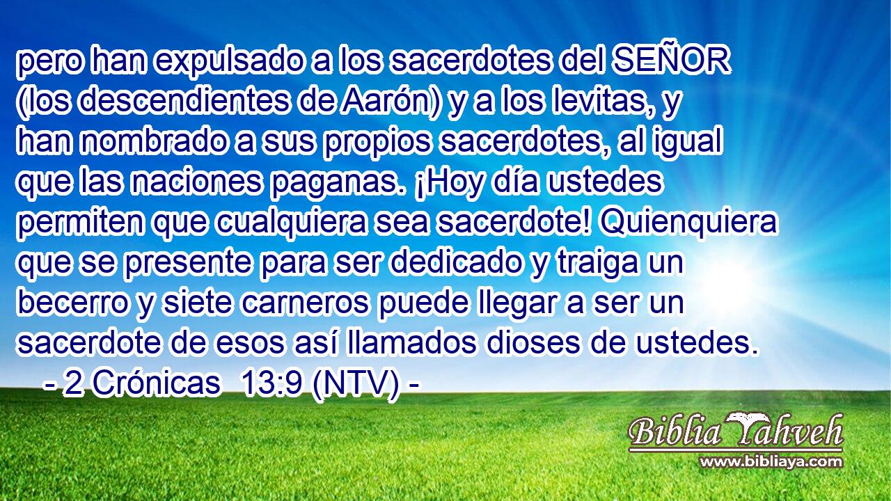 pero han expulsado a los sacerdotes del SEÑOR (los descendientes de Aarón) y a los levitas, y han nombrado a sus propios sacerdotes, al igual que las naciones paganas. ¡Hoy día ustedes permiten que cualquiera sea sacerdote! Quienquiera que se presente para ser dedicado y traiga un becerro y siete carneros puede llegar a ser un sacerdote de esos así llamados dioses de ustedes.