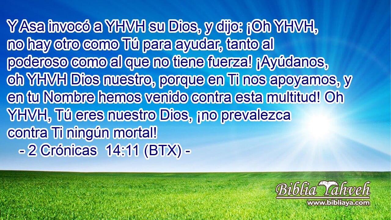 Y Asa invocó a YHVH su Dios, y dijo: ¡Oh YHVH, no hay otro como Tú para ayudar, tanto al poderoso como al que no tiene fuerza! ¡Ayúdanos, oh YHVH Dios nuestro, porque en Ti nos apoyamos, y en tu Nombre hemos venido contra esta multitud! Oh YHVH, Tú eres nuestro Dios, ¡no prevalezca contra Ti ningún mortal!