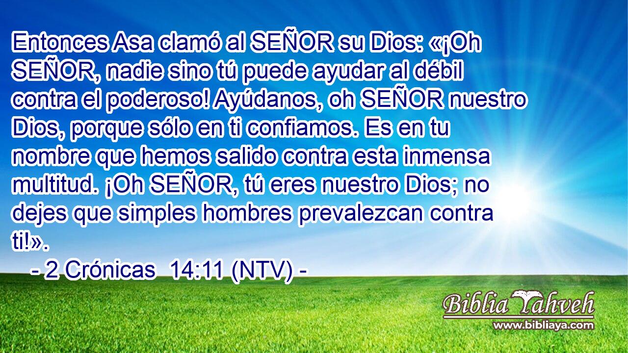 Entonces Asa clamó al SEÑOR su Dios: «¡Oh SEÑOR, nadie sino tú puede ayudar al débil contra el poderoso! Ayúdanos, oh SEÑOR nuestro Dios, porque sólo en ti confiamos. Es en tu nombre que hemos salido contra esta inmensa multitud. ¡Oh SEÑOR, tú eres nuestro Dios; no dejes que simples hombres prevalezcan contra ti!».