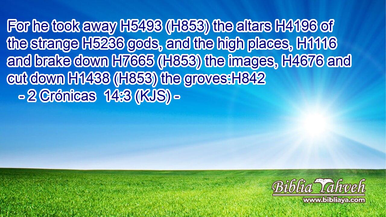 For he took away H5493 (H853) the altars H4196 of the strange H5236 gods, and the high places, H1116 and brake down H7665 (H853) the images, H4676 and cut down H1438 (H853) the groves:H842