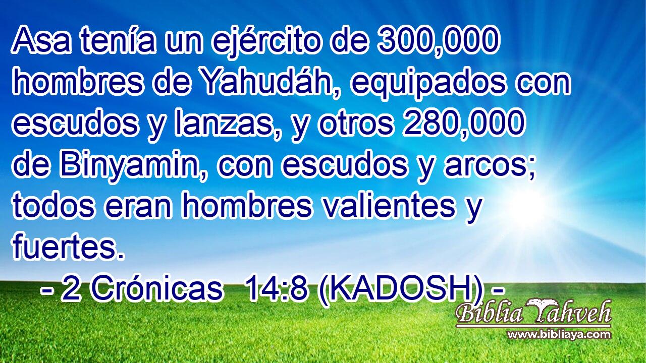  Asa tenía un ejército de 300,000 hombres de Yahudáh, equipados con escudos y lanzas, y otros 280,000 de Binyamin, con escudos y arcos; todos eran hombres valientes y fuertes. 