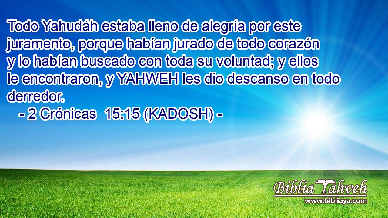  Todo Yahudáh estaba lleno de alegría por este juramento, porque habían jurado de todo corazón y lo habían buscado con toda su voluntad; y ellos le encontraron, y YAHWEH les dio descanso en todo derredor. 