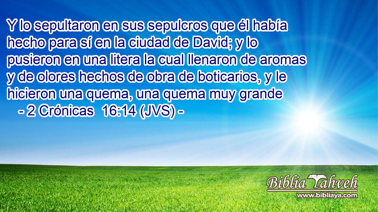 Y lo sepultaron en sus sepulcros que él había hecho para sí en la ciudad de David; y lo pusieron en una litera la cual llenaron de aromas y de olores hechos de obra de boticarios, y le hicieron una quema, una quema muy grande