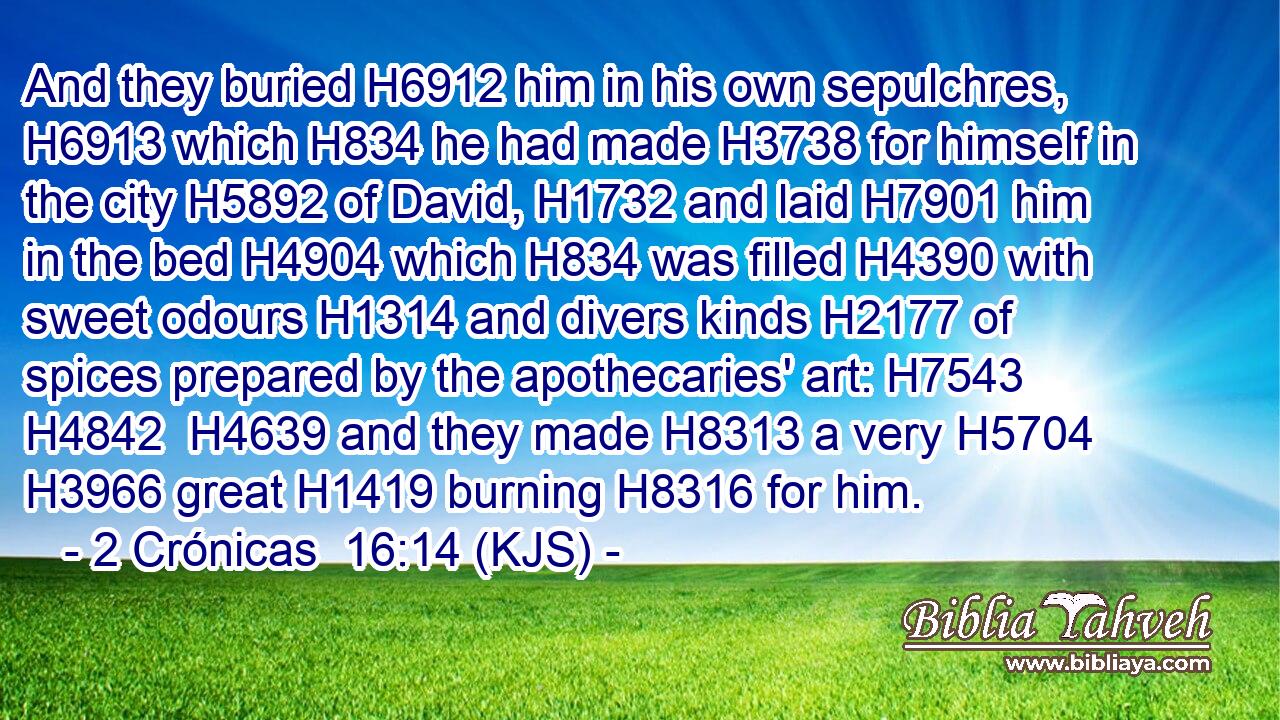 And they buried H6912 him in his own sepulchres, H6913 which H834 he had made H3738 for himself in the city H5892 of David, H1732 and laid H7901 him in the bed H4904 which H834 was filled H4390 with sweet odours H1314 and divers kinds H2177 of spices prepared by the apothecaries' art: H7543  H4842  H4639 and they made H8313 a very H5704  H3966 great H1419 burning H8316 for him.