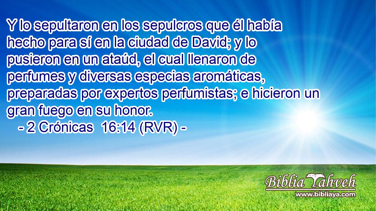 Y lo sepultaron en los sepulcros que él había hecho para sí en la ciudad de David; y lo pusieron en un ataúd, el cual llenaron de perfumes y diversas especias aromáticas, preparadas por expertos perfumistas; e hicieron un gran fuego en su honor.
