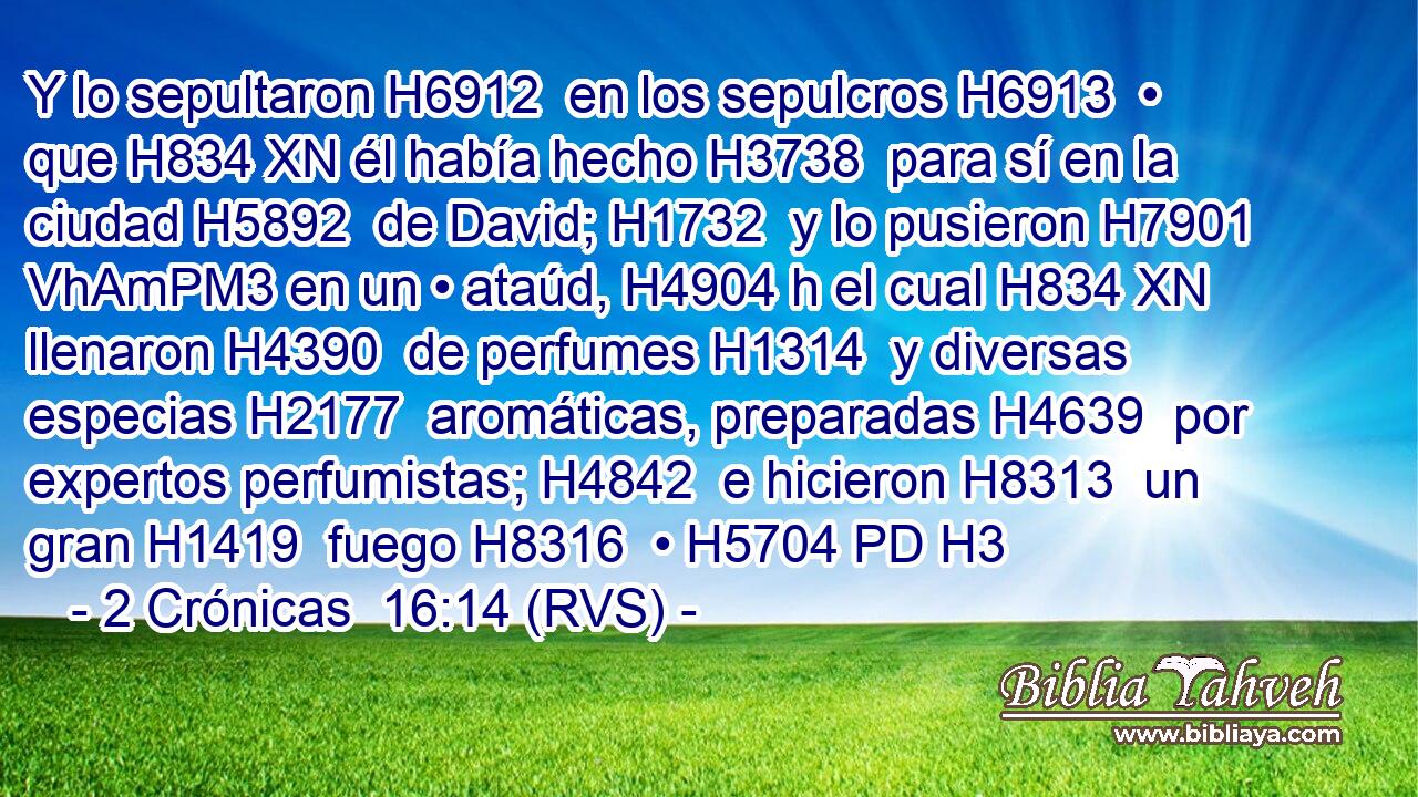 Y lo sepultaron H6912  en los sepulcros H6913  • que H834 XN él había hecho H3738  para sí en la ciudad H5892  de David; H1732  y lo pusieron H7901 VhAmPM3 en un • ataúd, H4904 h el cual H834 XN llenaron H4390  de perfumes H1314  y diversas especias H2177  aromáticas, preparadas H4639  por expertos perfumistas; H4842  e hicieron H8313  un gran H1419  fuego H8316  • H5704 PD H3