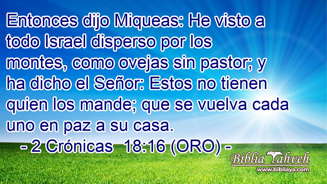  Entonces dijo Miqueas: He visto a todo Israel disperso por los montes, como ovejas sin pastor; y ha dicho el Señor: Estos no tienen quien los mande; que se vuelva cada uno en paz a su casa. 