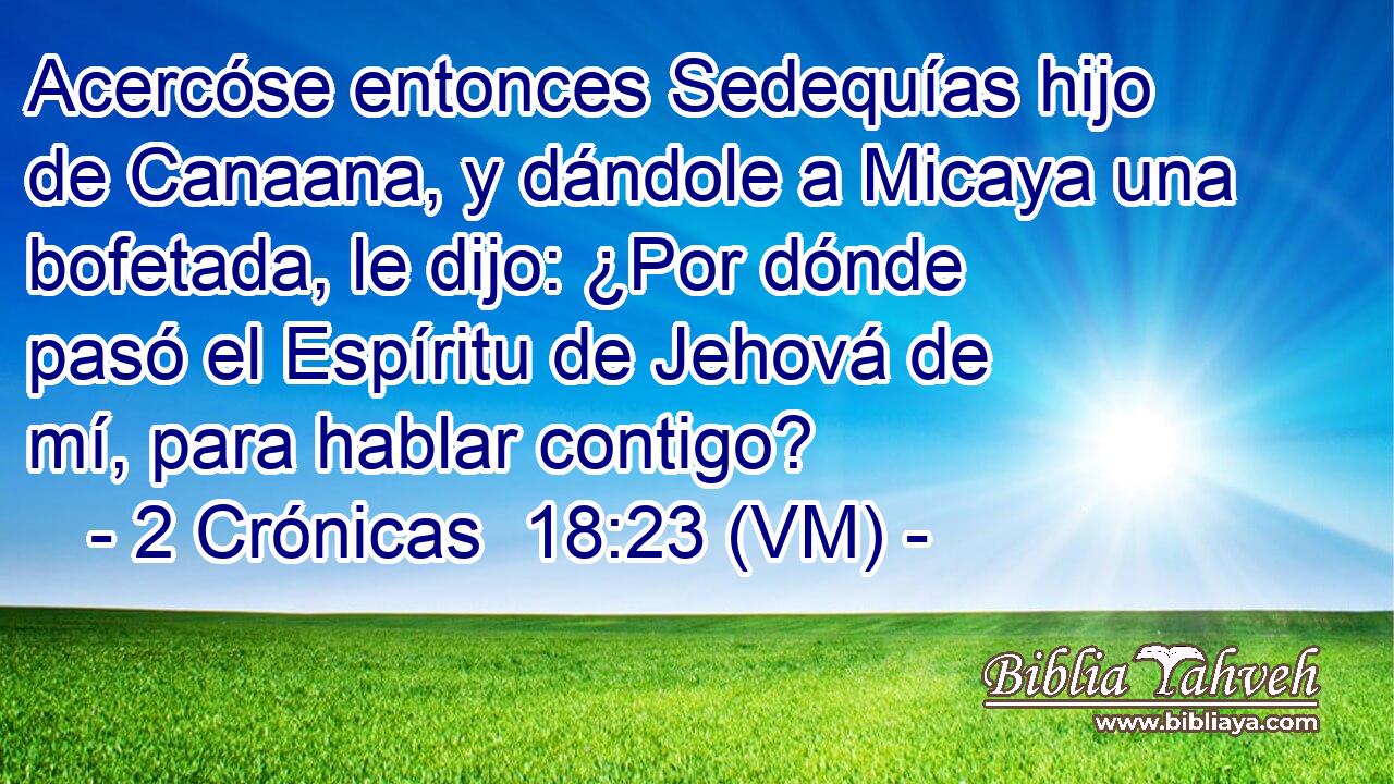  Acercóse entonces Sedequías hijo de Canaana, y dándole a Micaya una bofetada, le dijo: ¿Por dónde pasó el Espíritu de Jehová de mí, para hablar contigo? 