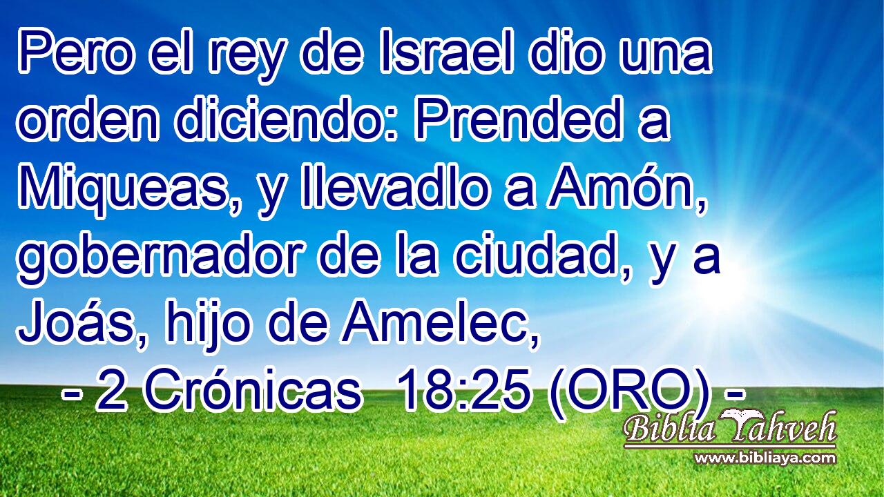  Pero el rey de Israel dio una orden diciendo: Prended a Miqueas, y llevadlo a Amón, gobernador de la ciudad, y a Joás, hijo de Amelec, 