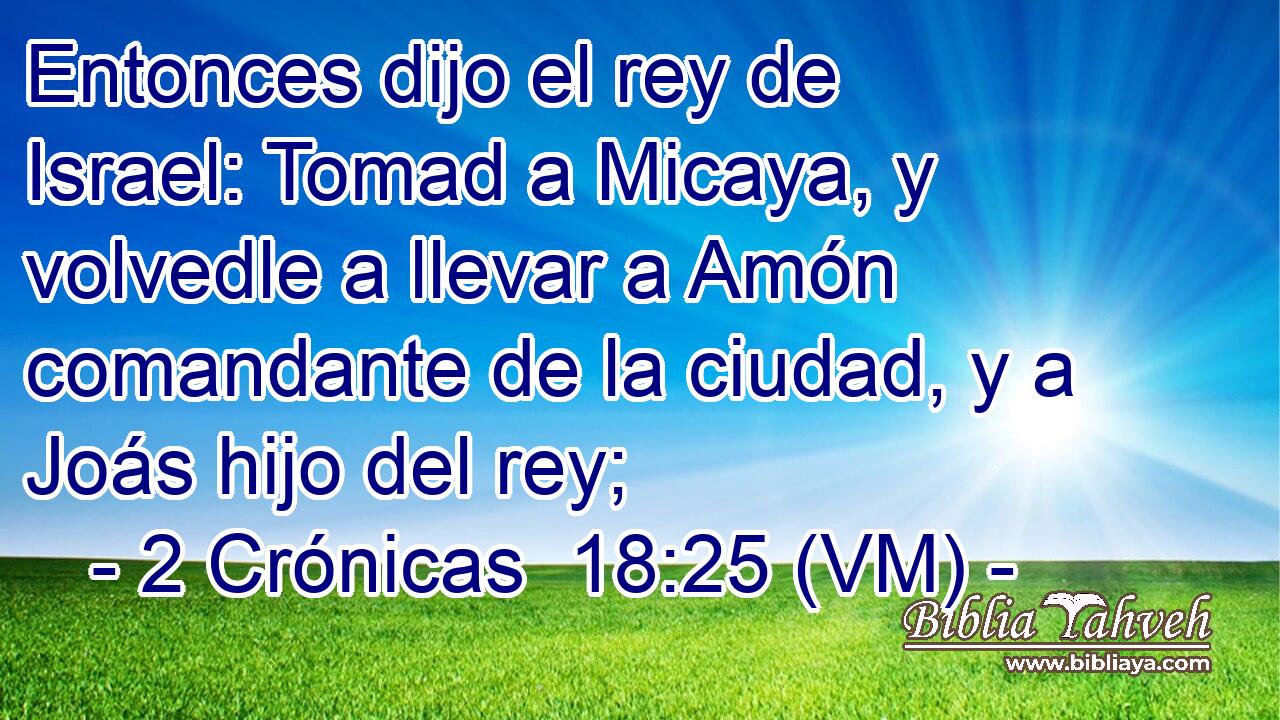  Entonces dijo el rey de Israel: Tomad a Micaya, y volvedle a llevar a Amón comandante de la ciudad, y a Joás hijo del rey; 
