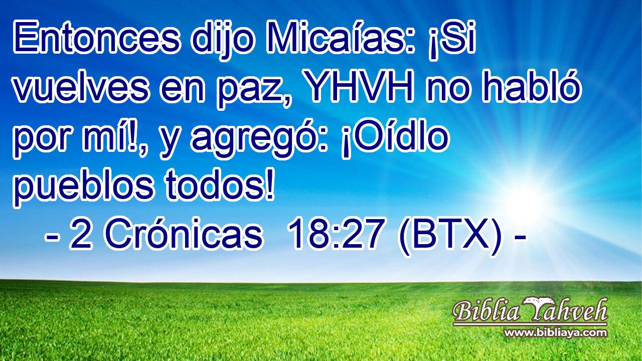Entonces dijo Micaías: ¡Si vuelves en paz, YHVH no habló por mí!, y agregó: ¡Oídlo pueblos todos!