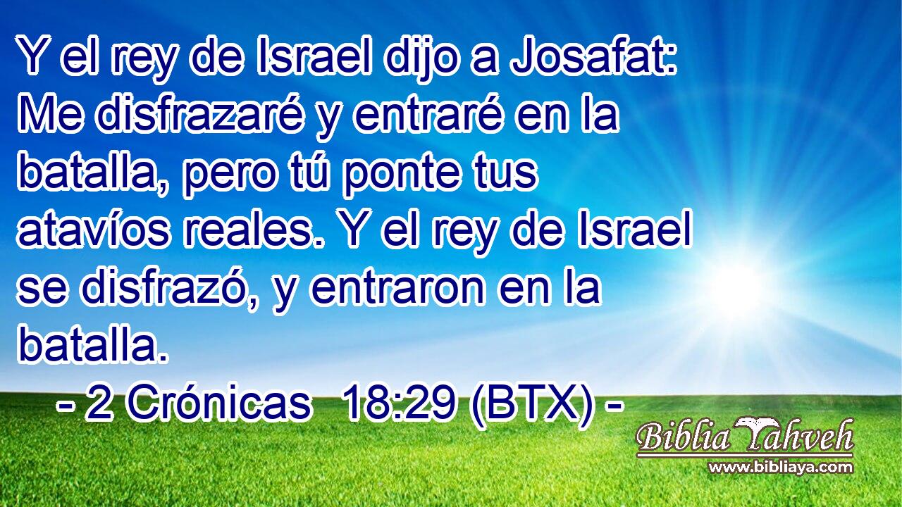Y el rey de Israel dijo a Josafat: Me disfrazaré y entraré en la batalla, pero tú ponte tus atavíos reales. Y el rey de Israel se disfrazó, y entraron en la batalla.