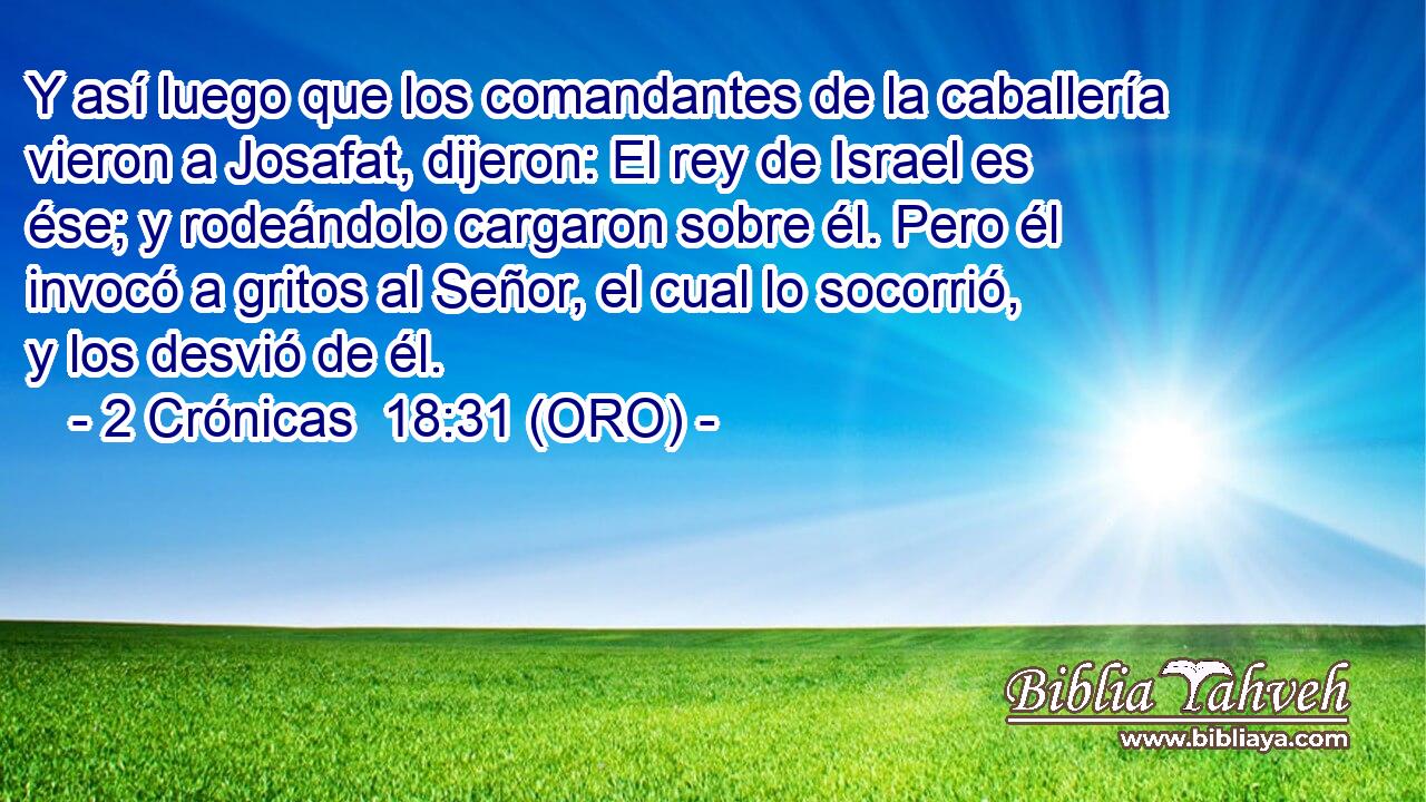  Y así luego que los comandantes de la caballería vieron a Josafat, dijeron: El rey de Israel es ése; y rodeándolo cargaron sobre él. Pero él invocó a gritos al Señor, el cual lo socorrió, y los desvió de él. 